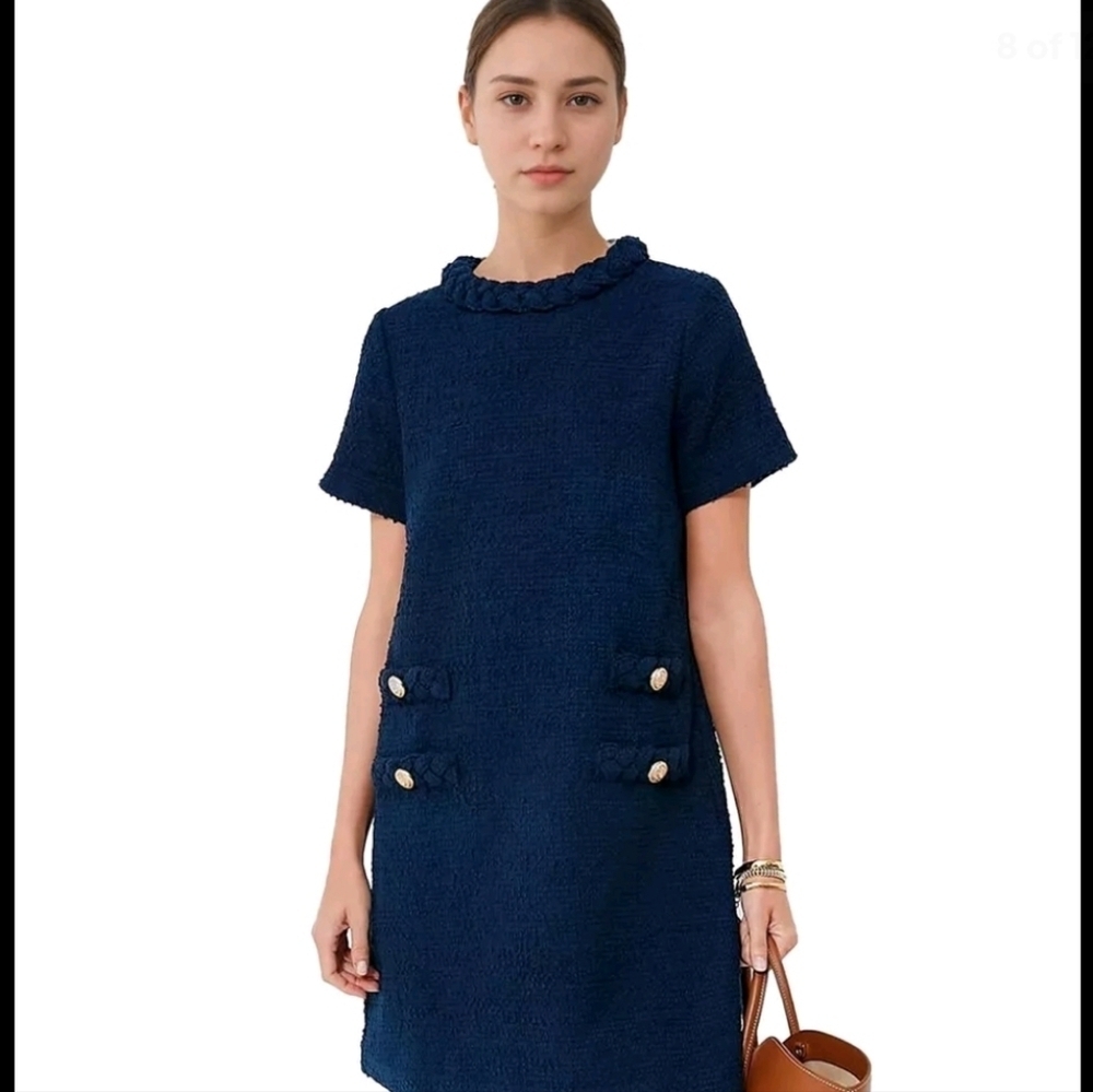Entro Women's Mini Black Dress With Braided Neck And Gold Button Detail. Size M - Picture 3 of 9